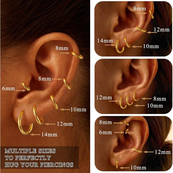 6 Pairs Gold Huggie Hoop Earrings Set - 14K Plated, Hypoallergenic & Lightweight - Picture 3 of 7